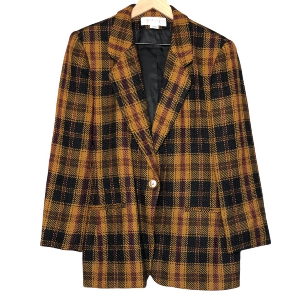 VINTAGE 90s Academia Blazer Mustard Tartan Plaid Check Single Button Oversized S